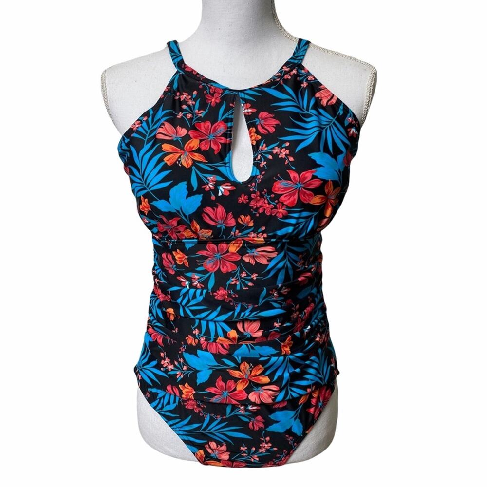 FIGESTIN Women One Piece Floral Print Tummy Ruched Swimwear Women Large
